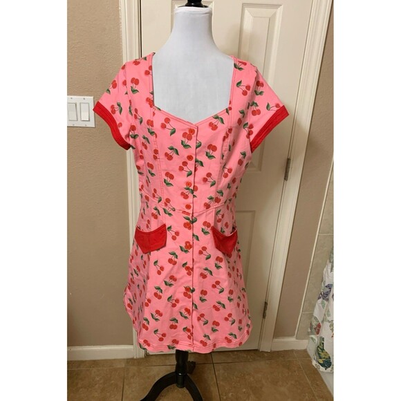 Unique Vintage Pink Denim & Cherry Print Fit & Flare Dress XL 14 NWOT - Picture 5 of 12